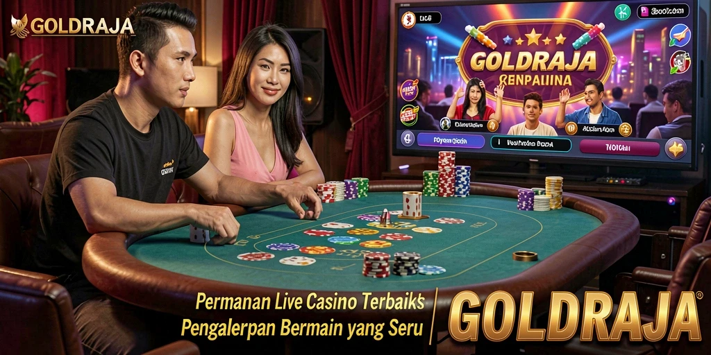 Screenshot gameplay Live Casino di GOLDRAJA yang menampilkan dealer langsung.