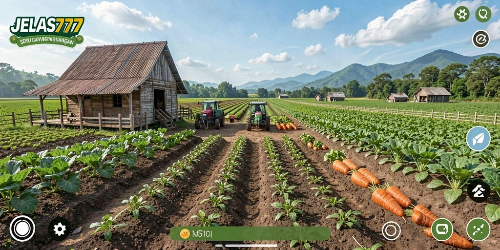 Tampilan screenshot inti dari gameplay bertani JELAS777 dengan pemandangan ladang hijau.