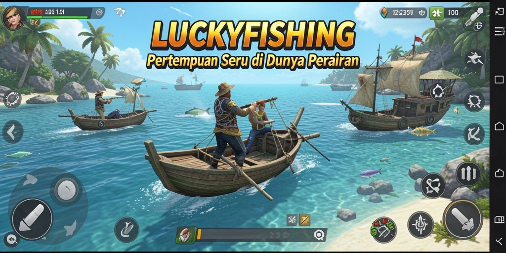 Tangkapan layar utama LUCKYFISHING menampilkan pertempuran intens di laut.