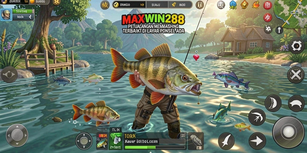 Screenshot gameplay <strong>MAXWIN288</strong> yang menunjukkan aksi memancing yang seru dan grafis yang indah.