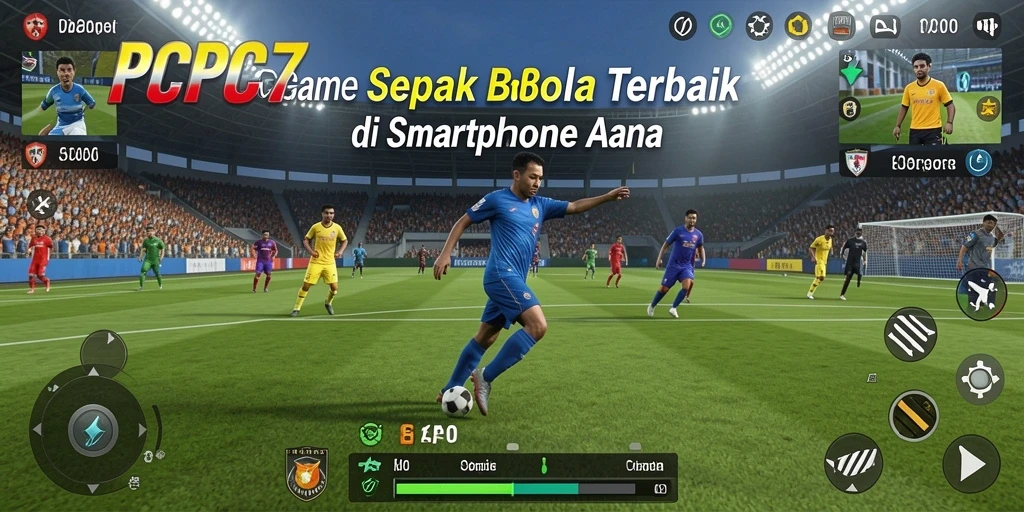 Screenshot gameplay PCPC7 menampilkan aksi sepak bola yang dinamis.
