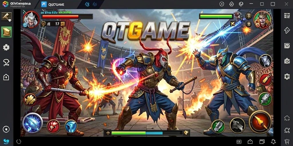 Gameplay QTGAME menunjukkan aksi pertarungan yang mendebarkan.